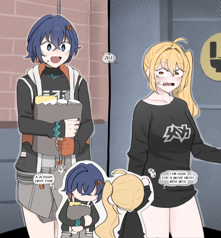 2girls absurdres ahoge alternate_costume bag belle_(zenless_zone_zero) black_shirt blonde_hair blue_eyes blue_hair blush bowing bright_pupils commentary crossed_bangs embarrassed empty_eyes english_text fang fingerless_gloves flying_sweatdrops gloves hair_between_eyes highres long_sleeves luciana_de_montefio mata_(matasoup) medium_hair multiple_girls off_shoulder open_mouth shared_speech_bubble shirt short_hair side_ponytail single_glove smile speech_bubble t-shirt wavy_mouth white_pupils yellow_eyes zenless_zone_zero