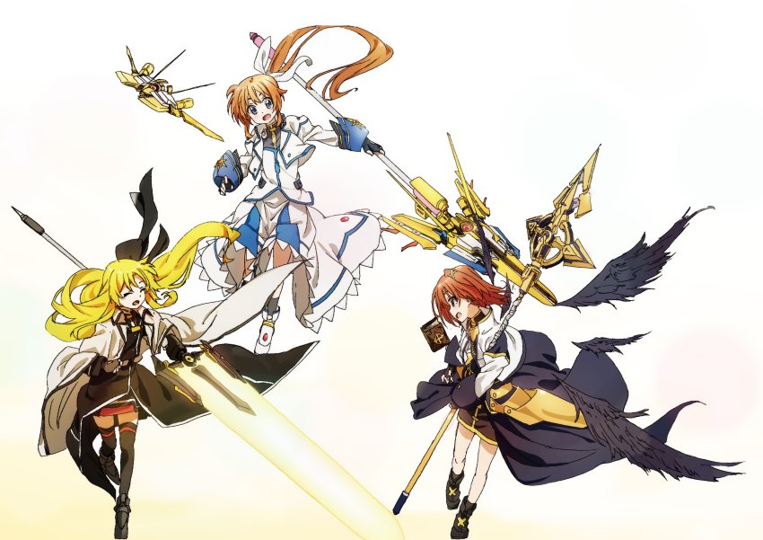 3girls absurdres ankle_boots armored_skirt bardiche_(nanoha) bardiche_(zanber_form)_(nanoha) bird_wings black_coat black_dress black_footwear black_gloves black_legwear black_ribbon black_skirt black_wings blonde_hair blue_eyes boots bracer brown_hair bygddd5 cape closed_eyes coat commentary_request dress energy_sword fate_testarossa fate_testarossa_(impulse_form) fingerless_gloves flying gloves hair_ornament hair_ribbon highres holding holding_staff holding_sword holding_weapon jacket long_skirt long_sleeves looking_at_another looking_back lyrical_nanoha magical_girl mahou_shoujo_lyrical_nanoha_strikers multiple_girls open_mouth overskirt print_legwear raising_heart raising_heart_(blaster_bit) raising_heart_(exceed_mode) ribbon schwertkreuz shirt short_dress side_ponytail single_horizontal_stripe skirt smile socks staff sword takamachi_nanoha takamachi_nanoha_(exceed_mode) thighhighs tome_of_the_night_sky trench_coat weapon white_cape white_footwear white_jacket white_ribbon white_shirt white_skirt wings x_hair_ornament yagami_hayate