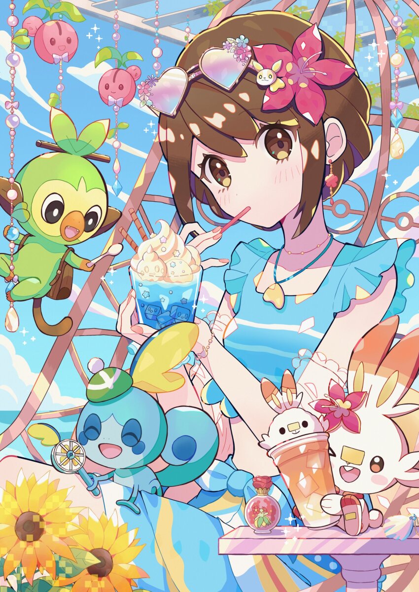 absurdres beads bellossom bottle bracelet brown_bag brown_eyes brown_hair cherubi drinking_straw earrings eiscue eiscue_(ice) flower flower_earrings food gen_2_pokemon gen_4_pokemon gen_8_pokemon gloria_(pokemon) gloria_(summer_2021)_(pokemon) grookey hair_flower hair_ornament hand_fan haru_(haruxxe) heart heart-shaped_eyewear highres holding holding_fan holding_spoon ice_cream ice_cream_float jewelry multiple_necklaces necklace nintendo perfume_bottle pokemon pokemon_(creature) pokemon_masters_ex scorbunny sobble spoon sunflower swimsuit table yamper