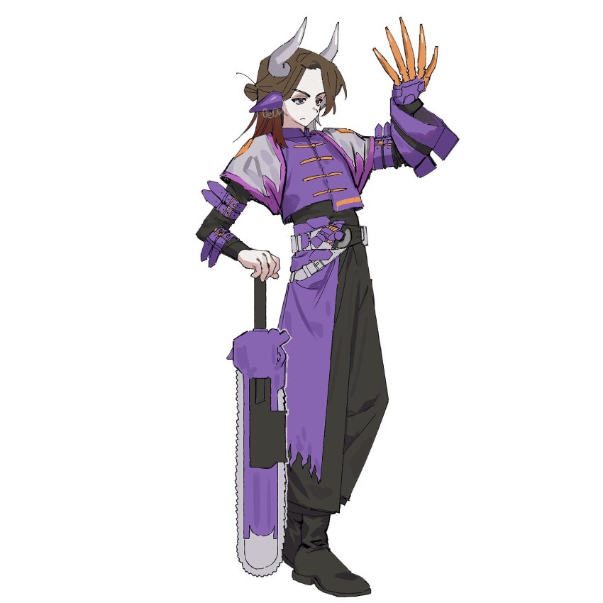 0e0n0_2 1boy animal_ears azuma_michinaga brown_hair desire_driver full_body highres horns kamen_rider kamen_rider_buffa kamen_rider_geats_(series) male_focus pants solo tokusatsu weapon white_background
