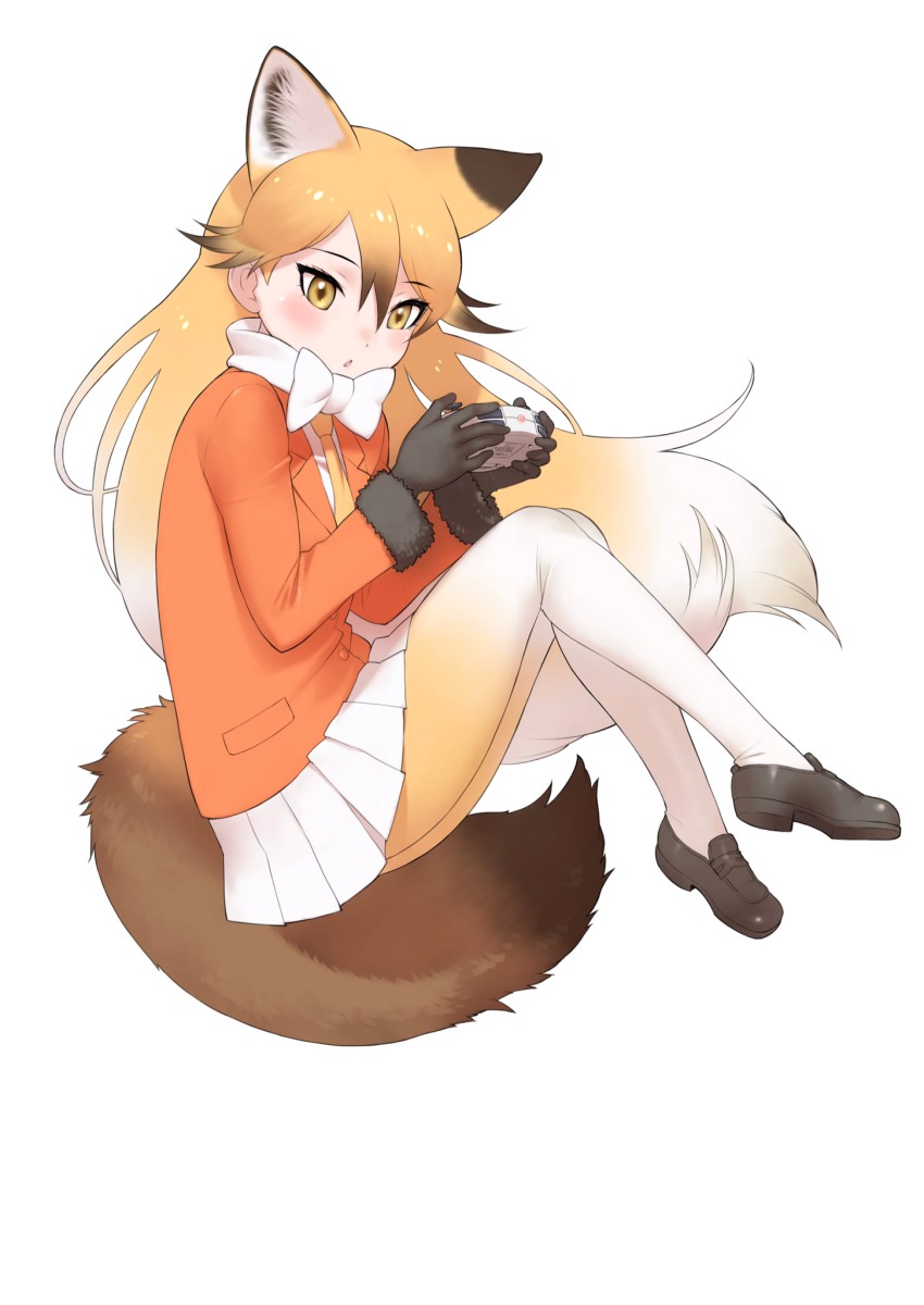 10s 1girl :o animal_ears black_gloves blonde_hair controller extra_ears ezo_red_fox_(kemono_friends) female_focus fox_ears fox_tail full_body game_controller gloves gradient_hair highres holding kemono_friends kita_kitsune leggings loafers long_hair long_sleeves multicolored_hair necktie official_art pantyhose pleated_skirt shoes simple_background skirt solo tail tsurime white_background yellow_eyes yoshizaki_mine