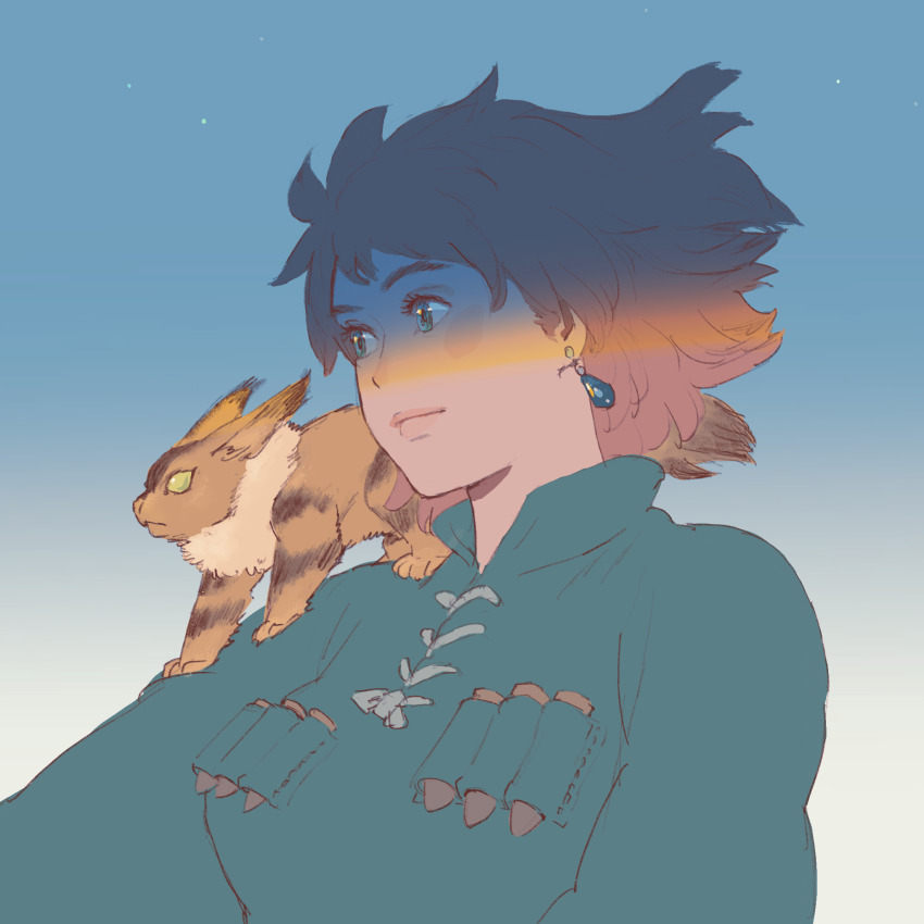 1girl 55bata6rou animal animal_on_shoulder blue_background breasts closed_mouth earrings floating_hair gradient_background green_eyes highres jewelry kaze_no_tani_no_nausicaa looking_ahead medium_breasts nausicaa red_hair short_hair smile solo teto_(nausicaa) upper_body