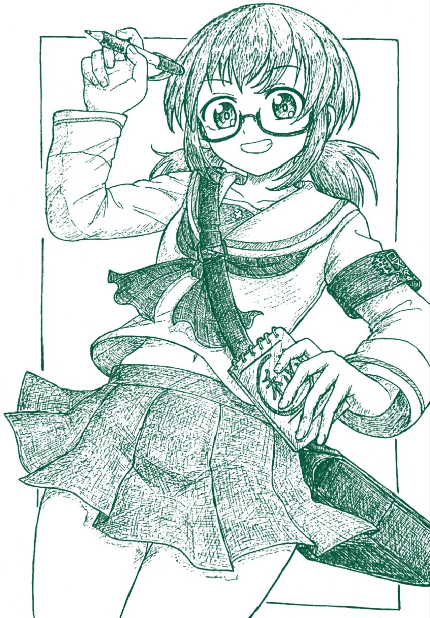 1girl amanone_yun armband girls_und_panzer highres holding holding_notebook holding_pen midriff_peek miniskirt monochrome navel neckerchief notebook ooarai_school_uniform ou_taiga pen pleated_skirt school_uniform semi-rimless_eyewear serafuku short_hair short_twintails skirt smile teeth traditional_media twintails