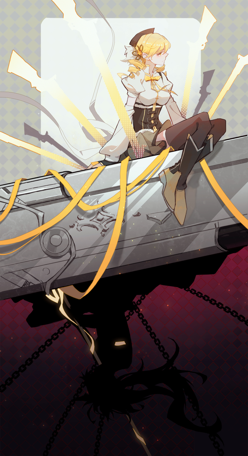 2girls abstract_background absurdres black_gloves black_ribbon black_thighhighs blonde_hair boots breasts brown_corset brown_hat brown_skirt chain closed_mouth commentary corset detached_sleeves die_(die0118) drill_hair elbow_gloves fingerless_gloves full_body fur_trim gem gloves gun hair_ornament hair_ribbon halftone hat high_collar highres knee_boots large_breasts long_hair looking_to_the_side magical_girl magical_musket mahou_shoujo_madoka_magica mahou_shoujo_madoka_magica_(anime) medium_hair multiple_girls neck_ribbon parted_bangs ponytail puffy_short_sleeves puffy_sleeves red_boots red_gemstone ribbon sakura_kyoko sakura_kyoko_(magical_girl) shirt short_sleeves silhouette sitting skirt sleeveless swept_bangs thighhighs tomoe_mami tomoe_mami_(magical_girl) twin_drills upside-down weapon white_gloves white_ribbon white_shirt wrist_cuffs yellow_boots yellow_eyes yellow_gemstone yellow_ribbon
