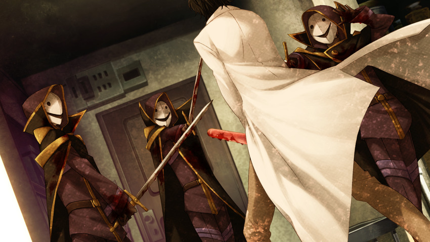 1boy 3others aiming black_cape black_gloves black_hair black_hood blood blood_drip blood_on_clothes blood_on_toy bloody_weapon brown_pants cape coat door dutch_angle facing_another fighting_stance from_behind game_cg gloves gold_trim high_collar highres holding holding_sword holding_toy holding_weapon hood huke indoors lab_coat lapels leather_belt long_sleeves mask messy_hair multiple_others non-web_source notched_lapels official_art okabe_rintarou pants pointing_melee_weapon pointing_sword purple_pants purple_shirt shirt spread_legs steins;gate steins;gate:_linear_bounded_phenogram sunset sword toy weapon white_coat yellow_trim