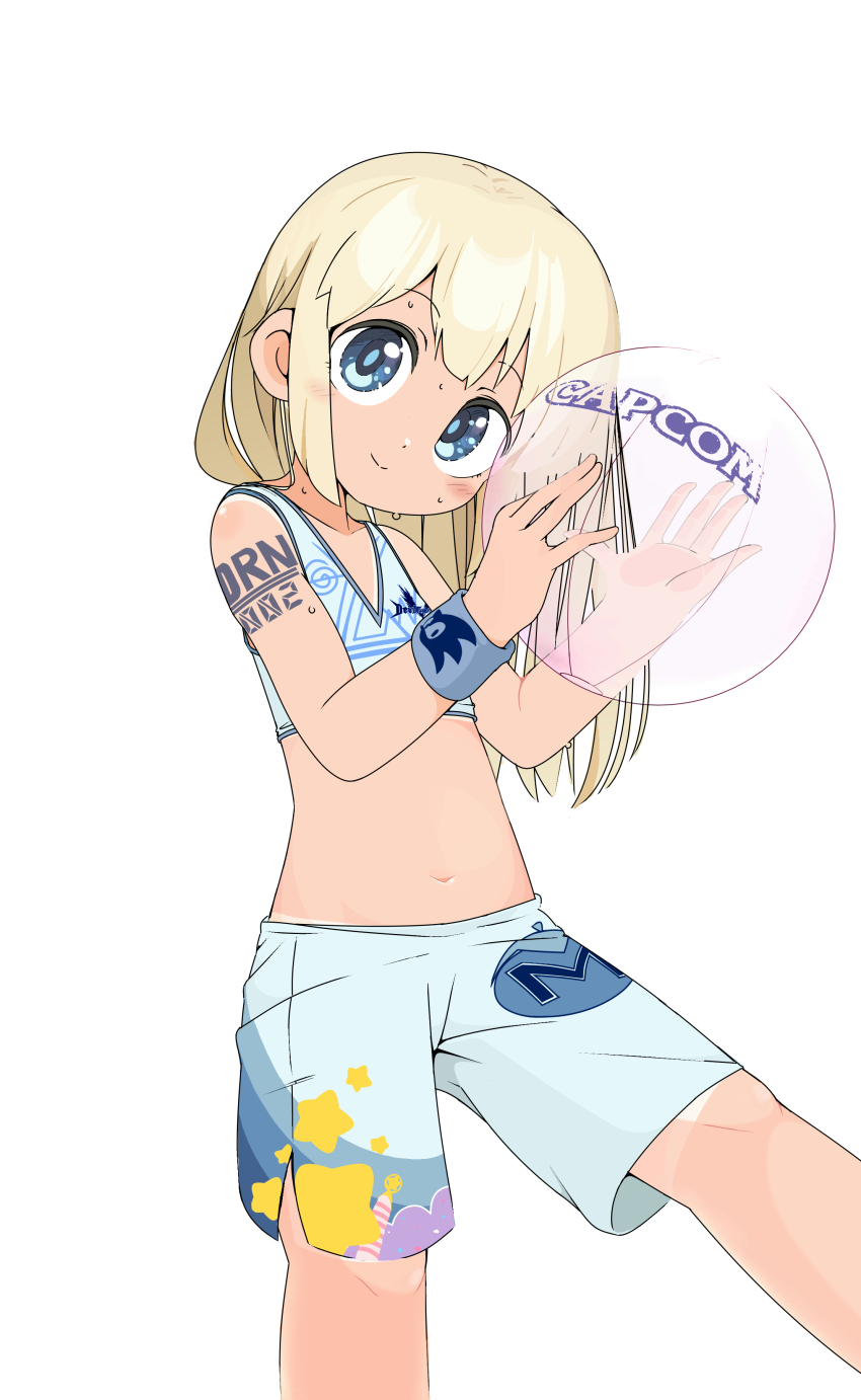 1girl absurdres alternate_costume alternate_hairstyle arm_tattoo ball beachball bikini bikini_shorts bikini_tan blonde_hair blue_bow blue_eyes blush bow capcom closed_mouth devil_may_cry_(series) flat_chest hair_bow hair_down head_tilt highres holding holding_ball kirby_(series) logo loli long_hair male_swimwear maxim_tomato mega_man_(classic) mega_man_(series) navel nintendo number_tattoo ponytail print_male_swimwear shorts slyger_ex smile solo sonic_(series) standing standing_on_one_leg stomach swim_trunks swimsuit tan tanline tattoo underwear wristband