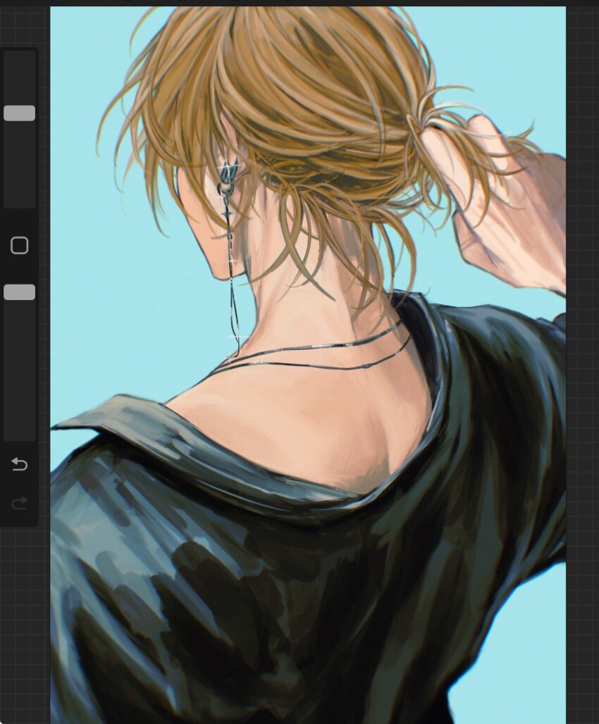 1boy art_program_in_frame black_shirt blonde_hair blue_background collared_shirt earrings from_above from_behind hand_in_own_hair highres isaya_0987 jewelry looking_ahead male_focus medium_hair necklace original ponytail procreate_(medium) procreate_(software) shirt short_ponytail shoulder_peek simple_background single_earring solo untying_hair