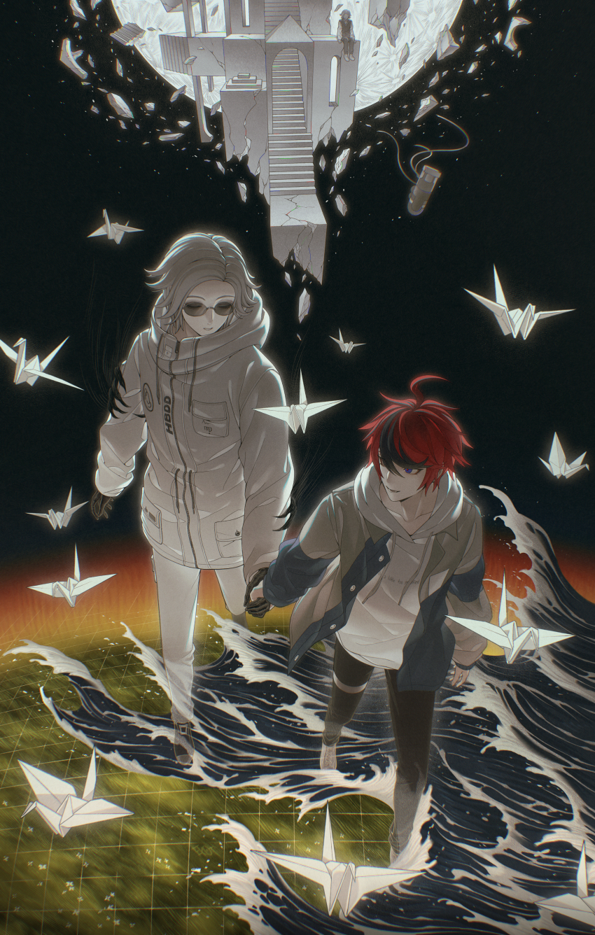 2boys 7nite absurdres ahoge aotsuki_eito black_gloves black_streaks blue_eyes blue_jacket breast_pocket claws closed_eyes coat crumbling drawstring glasses gloves grabbing_another&#039;s_arm grey_hair grey_jacket grid highres holding_hands hood hoodie jacket looking_at_another male_focus moon multicolored_hair multicolored_jacket multiple_boys origami pants paper_crane pocket red_hair short_hair signature smile solo streaked_hair sumino_takumi sunglasses the_hundred_line_-last_defense_academy- two-tone_jacket water waves white_hoodie white_jacket