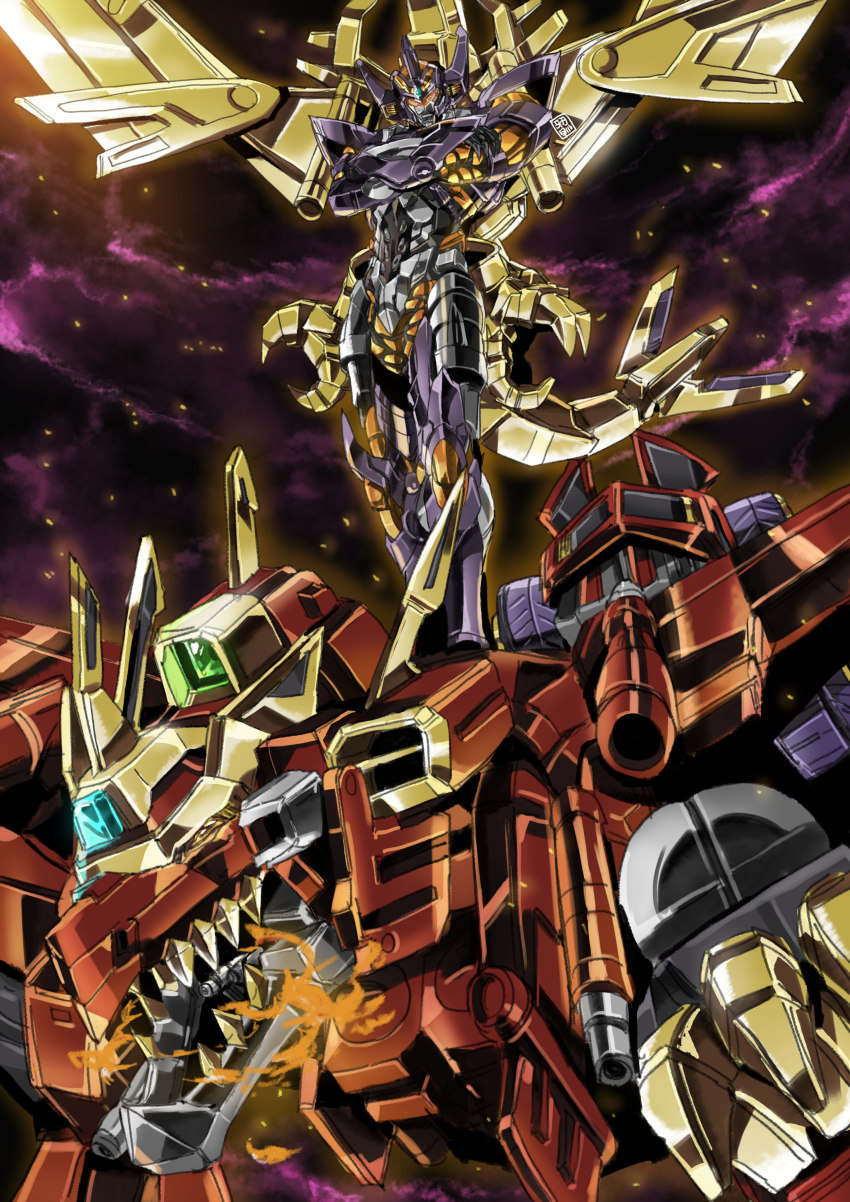 absurdres bad_id bad_pixiv_id crossed_arms dynarex dynazenon_(character) fire garimpeiro goldburn gridknight_(ssss.gridman) gridman_universe highres looking_at_viewer mecha mecha_focus no_humans open_mouth robot science_fiction space ssss.dynazenon super_robot yellow_eyes