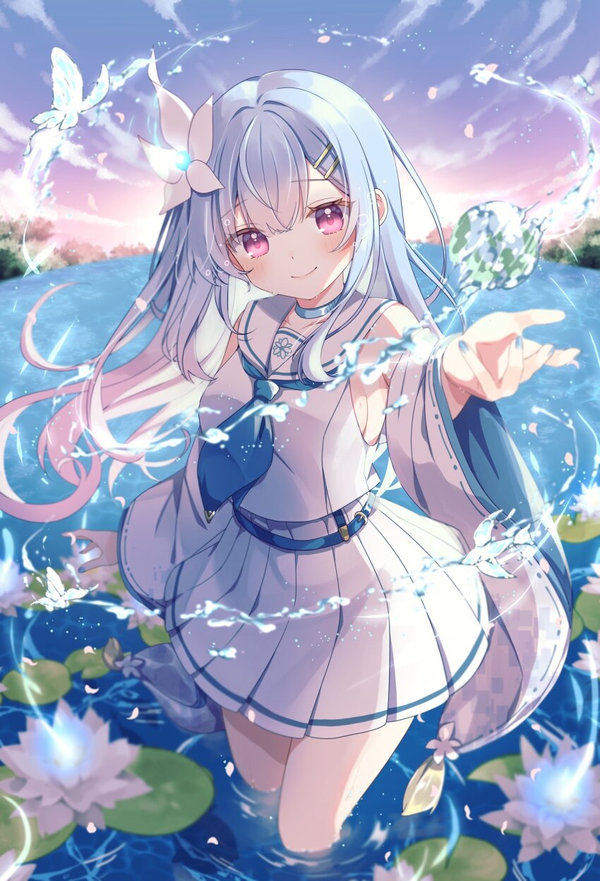 1girl bare_shoulders blue_bow blue_bowtie blue_hair blue_nails blush bow bowtie casting_spell dress floating floating_liquid floating_object flower gomano_rio gradient_hair head_tilt highres long_hair looking_at_viewer lotus magic multicolored_hair original outdoors outstretched_arm pink_eyes pink_hair smile solo two-tone_hair wading white_dress