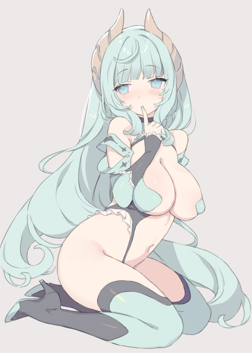 1girl aqua_hair aqua_nails aqua_thighhighs blade_(galaxist) blue_eyes breasts character_request commentary_request copyright_request finger_to_mouth fingernails grey_background highres large_breasts long_hair nail_polish navel simple_background sitting solo thighhighs very_long_hair wariza