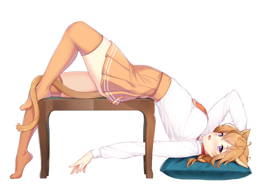 1girl absurdres alternate_costume animal_ears blush braid breasts cat_ears cat_girl choker collar collared_shirt commission commissioner_upload facepaint facial_mark fang fire_emblem fire_emblem:_path_of_radiance fire_emblem:_radiant_dawn highres large_variant_set looking_at_viewer lying lyre_(fire_emblem) medium_breasts messy_hair nabunabu necktie nintendo open_mouth orange_hair orange_skirt orange_tail orange_thighhighs pillow pink_choker pink_collar purple_eyes school_uniform shirt shirt_tucked_in skirt solo thick_thighs thighhighs thighs variant_set whisker_markings white_background white_shirt white_trim white_wrist_cuffs wrist_cuffs zettai_ryouiki