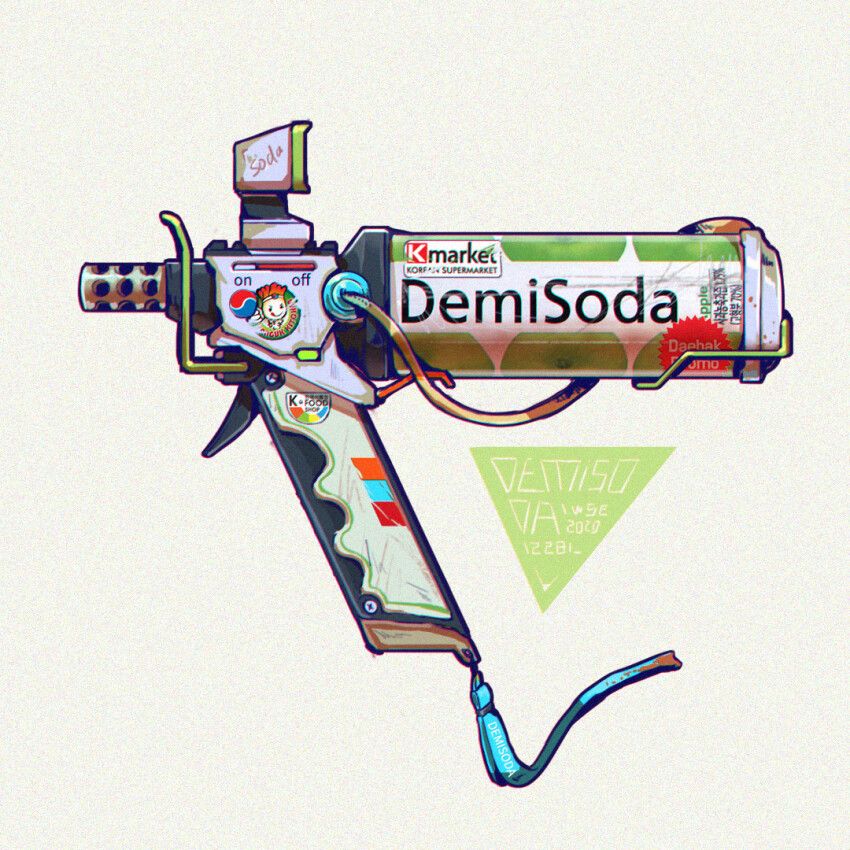 artist_name can chromatic_aberration dated demisoda_(thekepalthek) drink_can english_text gun handgun iwse_zhang k_market korean_text logo mixed-language_text no_humans original pepsi signature simple_background soda_can sticker still_life weapon weapon_focus white_background