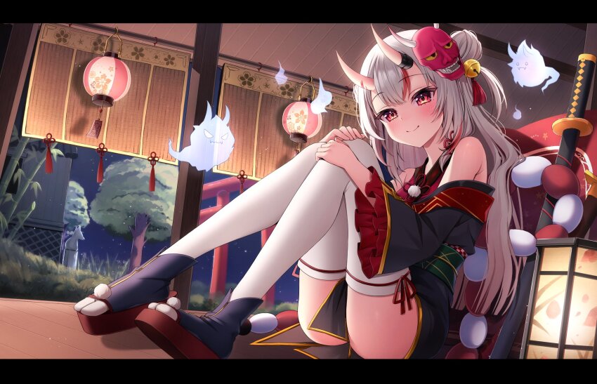 1girl architecture bell black_footwear black_kimono blush double_bun east_asian_architecture fox_statue from_side full_body ghost grey_hair hair_bell hair_between_eyes hair_bun hair_ornament hands_on_own_knees highres hololive horns japanese_clothes jingle_bell karma_(nakiri_ayame) katana kimono knees_up lantern letterboxed long_hair long_sleeves looking_at_viewer mask mia_(mk2022) multicolored_hair nakiri_ayame nakiri_ayame_(1st_costume) night night_sky obi off_shoulder oni red_eyes red_hair red_kimono sash sheath shiranui_(nakiri_ayame) sitting skin-covered_horns sky smile solo star_(sky) streaked_hair sword tassel tassel_hair_ornament thighhighs torii tree virtual_youtuber weapon white_thighhighs wide_sleeves wooden_floor