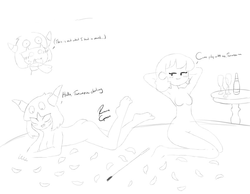 1boy 2girls absurdres bedroom blush breasts couple gijinkas highres husband_and_wives kirby:_triple_deluxe kirby_(series) multiple_girls nintendo paintra queen_sectonia taranza unfinished whip