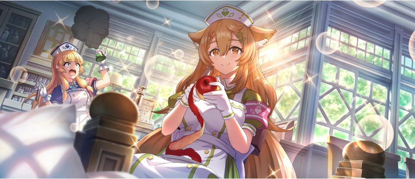 2girls amy_(konosuba) animal_ear_fluff animal_ears apple apple_peel apron armband black_smoke blonde_hair blue_dress blue_eyes blue_ribbon blunt_bangs braid braided_sidelock breasts brown_eyes brown_hair buttons cecily_(konosuba) closed_mouth collared_dress day double-breasted double-parted_bangs dress droopy_ears erlenmeyer_flask flask flying_sweatdrops food from_below fruit game_cg gloves green_dress hair_between_eyes hair_ornament hairclip hat highres holding holding_flask holding_food holding_fruit holding_knife holding_test_tube indoors infirmary knife kono_subarashii_sekai_ni_shukufuku_wo! konosuba!_fantastic_days large_breasts light_blush long_dress long_hair looking_at_viewer low-tied_sidelocks low_twintails matching_outfits mole mole_under_eye multiple_girls neck_ribbon nurse nurse_cap official_alternate_costume official_art open_mouth pink_armband puffy_short_sleeves puffy_sleeves ribbon shade short_sleeves sidelocks sitting smile smoke sparkle standing sunlight test_tube twintails very_long_hair white_apron white_gloves white_hat wide-eyed window window_shadow