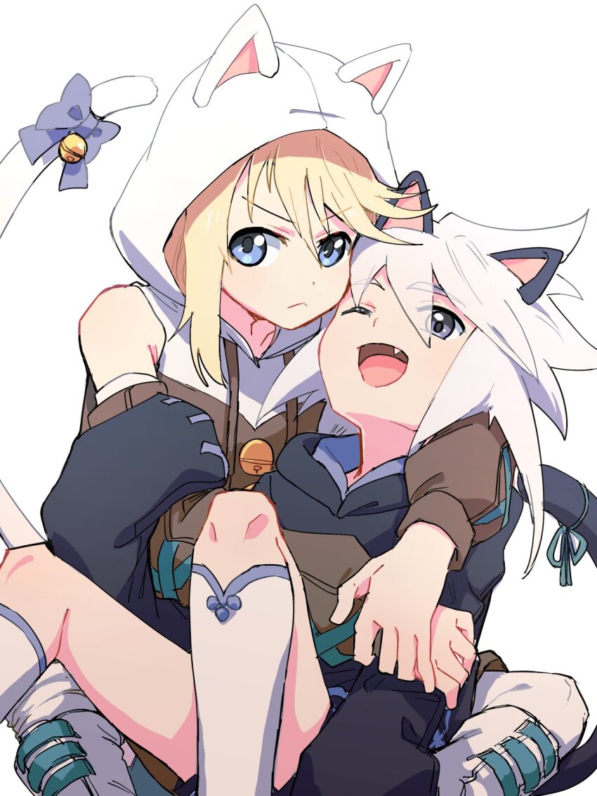 2boys animal_ears animal_hood azuma_yukihiko bell blonde_hair blue_eyes cat_ears cat_hood cat_tail detached_sleeves fang genius_sage highres hood hoodie hug hug_from_behind jingle_bell long_sleeves looking_at_viewer male_focus medium_hair mithos_yggdrasill multiple_boys one_eye_closed tail tail_ornament tales_of_(series) tales_of_symphonia trap white_hair white_hoodie yaoi
