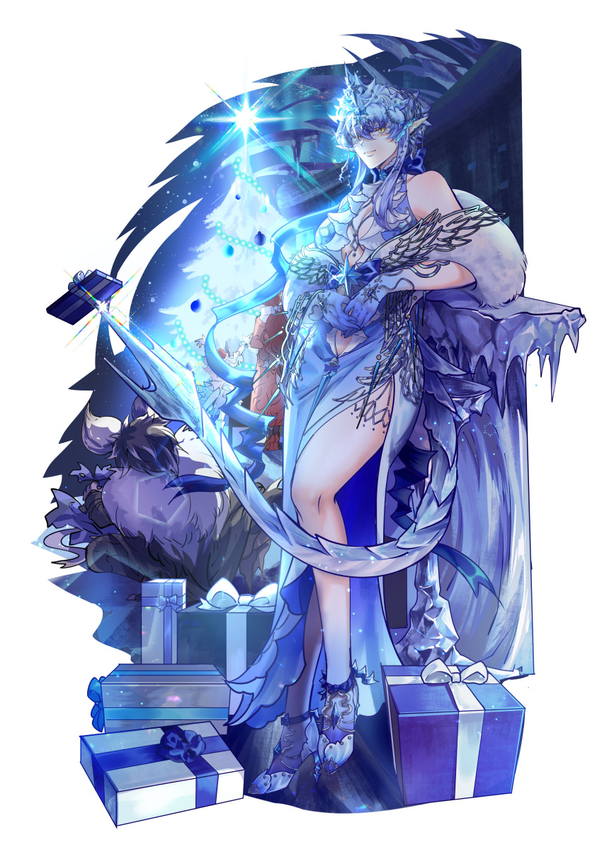 1boy 3girls absurdres armlet arms_up blue_dress blue_hair blue_ribbon blue_skin building christmas christmas_ornaments christmas_tree cleavage_cutout cloak clothing_cutout colored_skin crystal dragon_tail dress fur_cloak gift glint highres ice jewelry lanmizu2002 leaning_back leglet light_smile long_hair midriff_peek monster_hunter_(series) multicolored_skin multiple_girls nergigante night personification ribbon safi&#039;jiiva sharp_teeth short_hair side_slit silver_footwear sky slit_pupils star_(sky) starry_sky stomach_cutout tail teeth tiara two-tone_skin velkhana very_long_hair white_tree xeno&#039;jiiva yellow_eyes