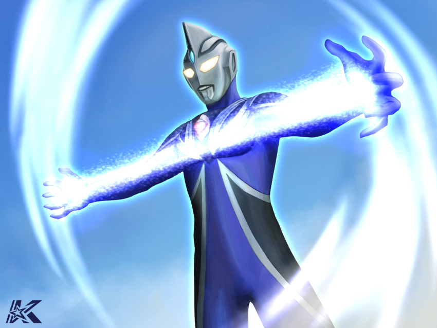 1boy alien armor artist_logo black_skin blue_gemstone blue_skin blue_sky breastplate color_timer colored_skin commentary compound_eyes cowboy_shot day dorsal_fin dutch_angle energy forehead_jewel gem glowing glowing_eyes highres kazuzu-art legs_apart logo looking_ahead male_focus multicolored_skin outdoors outstretched_arms pectorals powering_up shoulder_armor silver_skin silver_trim sky solo spread_arms standing tokusatsu ultra_series ultraman_agul ultraman_gaia_(series) yellow_eyes