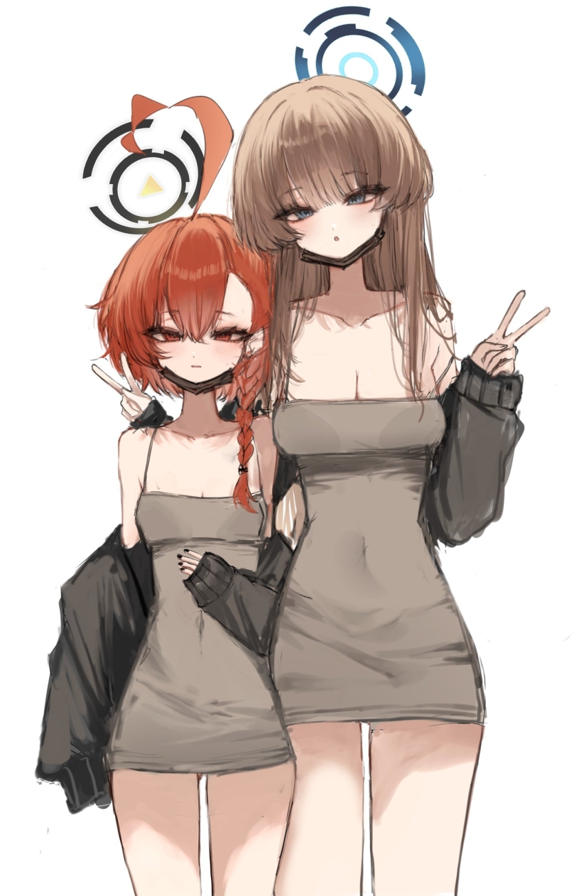 2girls ahoge alternate_costume alternate_hairstyle bare_shoulders black_jacket black_mask black_nails blonde_hair blue_archive blue_eyes blunt_bangs blush braid breasts cleavage closed_mouth collarbone double_v dress green_dress hair_between_eyes highres huge_ahoge jacket kk_(hkpc4287) long_hair multiple_girls neru_(blue_archive) open_mouth red_eyes red_hair sidelocks single_braid single_sleeve_past_fingers single_sleeve_past_wrist sleeves_past_wrists toki_(blue_archive) v