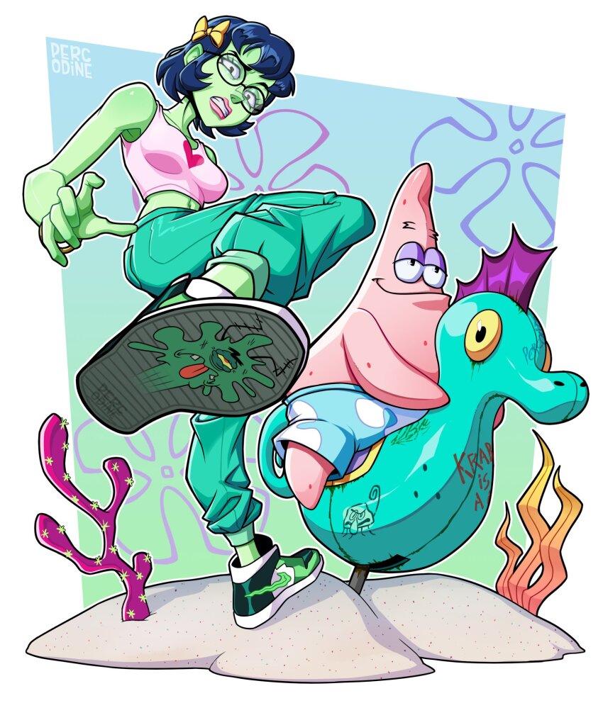 1girl 2boys aqua_pants artist_name blue_hair blue_shorts bow breasts colored_skin crop_top dark_blue_hair fish glasses green_skin hair_bow highres leg_up medium_breasts midriff multiple_boys navel pants patrick_star percodine pink_lips pink_shirt princess_mindy round_eyewear seahorse plankton_(spongebob) shirt shoes short_hair short_sleeves shorts sneakers spongebob_squarepants_(series) white_shorts yellow_bow