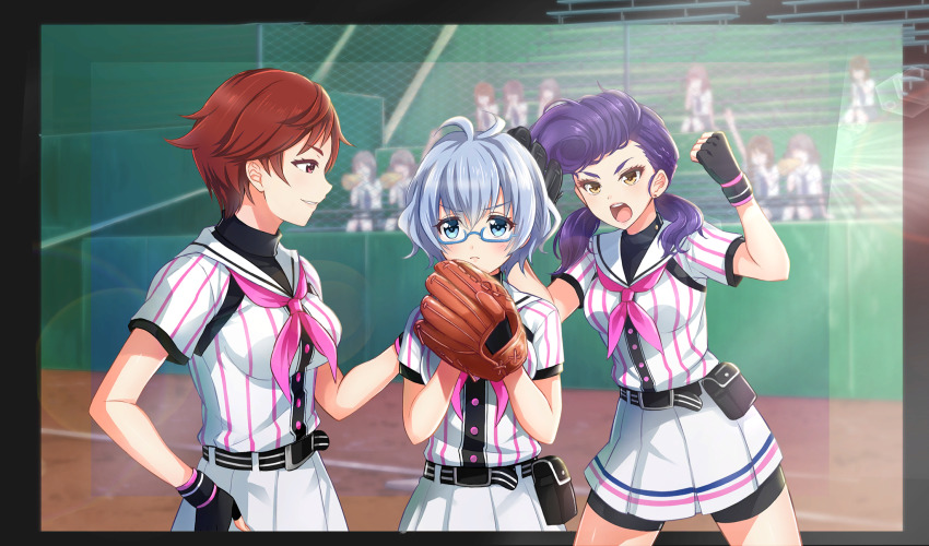 aqua_eyes baseball_glove baseball_stadium baseball_uniform belt belt_buckle belt_pouch bike_shorts_under_skirt black_belt black_gloves black_pouch black_shorts black_undershirt blonde_hair blue-framed_eyewear blue_hair brown_eyes brown_hair buckle cinderella_series clenched_hand closed_mouth fingerless_gloves game_cg glasses gloves hachigatsu_no_cinderella_nine hase_maria highres izumida_kyouka lens_flare light_blue_hair multiple_girls neckerchief non-web_source official_art open_mouth outdoors pink_neckerchief pleated_skirt pouch purple_eyes satogahama_baseball_uniform semi-rimless_eyewear senba_ayako shirt shirt_under_shirt short_hair short_sleeves shorts skirt sportswear striped_belt striped_clothes striped_shirt teeth under-rim_eyewear upper_teeth_only v-shaped_eyebrows vertical-striped_clothes vertical-striped_shirt wristband