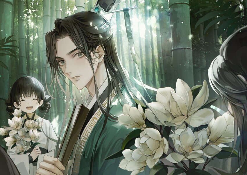 1girl 3boys :d ^_^ bamboo bamboo_forest black_hair bouquet chinese_clothes closed_eyes closed_mouth dappled_sunlight day flower folded_fan folding_fan forest green_eyes green_hanfu half_updo hand_fan hanfu highres holding holding_bouquet holding_fan holding_flower leaf long_hair long_sleeves looking_at_viewer luo_binghe male_focus ming_fan multiple_boys nature ning_yingying open_mouth outdoors parted_bangs parted_lips renzha_fanpai_zijiu_xitong ribboned_xiao_guan shen_qingqiu shuangyaji smile sunlight topknot upper_body white_flower white_hanfu wide_sleeves xiao_guan_(headdress) young57440489