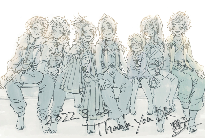 2girls 5boys arm_around_shoulder baldr_(kingdom_hearts) barefoot blush bragi_(kingdom_hearts) closed_eyes closed_mouth commentary dated dot_nose eraqus fur-trimmed_jacket fur_trim grin hakama hand_on_another&#039;s_head hand_on_own_knee hands_on_lap happy head_tilt hermod_(kingdom_hearts) jacket japanese_clothes kh_raimu kingdom_hearts kingdom_hearts_dark_road leg_up medium_hair monochrome multiple_boys multiple_girls obi open_clothes open_jacket open_mouth pants robe sash short_hair side_ponytail sidelocks signature sitting smile teeth thank_you topknot upper_teeth_only urd_(kingdom_hearts) vor_(kingdom_hearts) white_background wristband xehanort