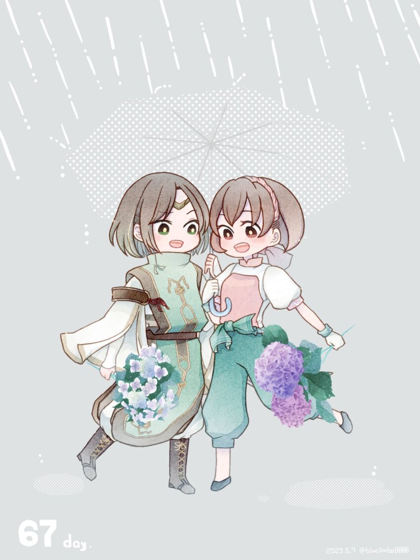 1boy 1girl blue_flower bluelimbo8888 bob_cut brown_eyes brown_hair flower full_body gensou_suikoden gensou_suikoden_ii gloves green_eyes green_pants green_tunic grey_background hairband highres luc_(suikoden) nanami_(suikoden) open_mouth pants parted_bangs pink_hairband pink_shirt puffy_short_sleeves puffy_sleeves purple_flower shared_umbrella shirt short_sleeves smile tunic two-tone_shirt umbrella white_gloves white_shirt