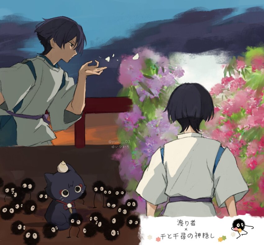 1boy bird black_cat black_eyes black_hair blowing blue_kimono blunt_ends cat creature feathers flower genshin_impact highres japanese_clothes kariginu kimono layered_clothes layered_kimono male_focus multiple_views parody pelvic_curtain pink_flower pom_pom_(clothes) purple_flower purple_sash sash scaramouche_(cat)_(genshin_impact) scaramouche_(genshin_impact) scaramouche_(kabukimono)_(genshin_impact) scene_reference sen_to_chihiro_no_kamikakushi short_sleeves string susuwatari translation_request white_sleeves wide_sleeves yellow_feathers yuii_03