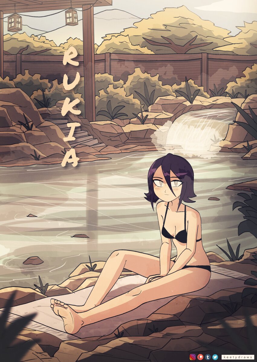 1girl :3 absurdres artist_name bare_shoulders barefoot between_legs bikini black_bikini black_hair bleach boulder breasts bush character_name cleavage closed_mouth cloud collarbone commentary day expressionless flipped_hair fog foliage from_side full_body grey_sky hair_between_eyes hand_between_legs highres instagram_logo keetydraws knee_up kuchiki_rukia lantern light_blush long_bangs looking_at_viewer looking_to_the_side mountain mountainous_horizon on_ground onsen outdoors own_hands_together paid_reward_available patreon_logo pillar plant ripples romaji_text short_hair sidelocks sitting sky small_breasts soles solo stairs swimsuit toes towel tree tumblr_logo twitter_logo v_arms water waterfall white_eyes wooden_wall
