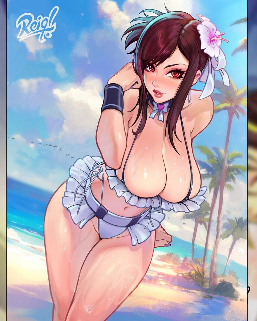 1girl adapted_costume artist_name bare_shoulders beach bikini bikini_skirt black_hair blue_sky blush bow bow_choker breasts brown_hair choker cleavage cloud cloudy_sky collarbone day eyelashes feet_out_of_frame final_fantasy final_fantasy_vii final_fantasy_vii_rebirth final_fantasy_vii_remake frilled_bikini frills halterneck highleg highleg_bikini highres horizon large_breasts leaning_forward long_hair looking_at_viewer microskirt navel ocean official_alternate_costume official_alternate_hairstyle outdoors palm_tree parted_lips pink_lips purple_nails red_eyes reiq side-tie_bikini_bottom sidelocks skirt sky solo stomach swept_bangs swimsuit thighs tifa_lockhart tifa_lockhart_(shining_spirit) tree wet white_bikini wristband