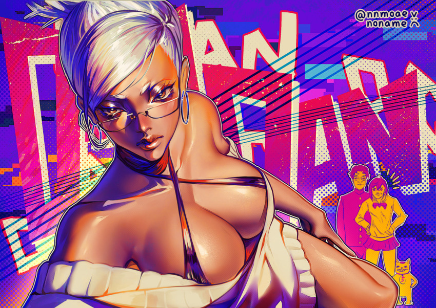 1boy 2girls ayase_momo ayase_seiko beehive_hairdo breasts commentary copyright_name dandadan earrings english_commentary glasses hoop_earrings jewelry large_breasts mature_female multiple_girls nnmoaeart short_eyebrows short_hair takakura_ken_(dandadan) tall_hair turbo_granny_(dandandan) white_hair