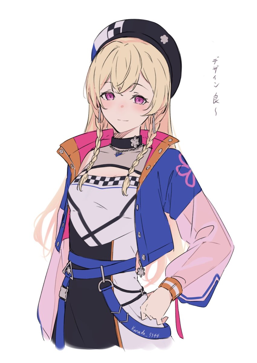 1girl bang_dream! beret black_hat blonde_hair blue_jacket braid breasts commentary earrings hat highres jacket jewelry kanade_(kanade_3344) long_hair long_sleeves looking_at_viewer medium_breasts open_clothes open_jacket purple_eyes shirasagi_chisato side_braids simple_background solo twitter_username white_background