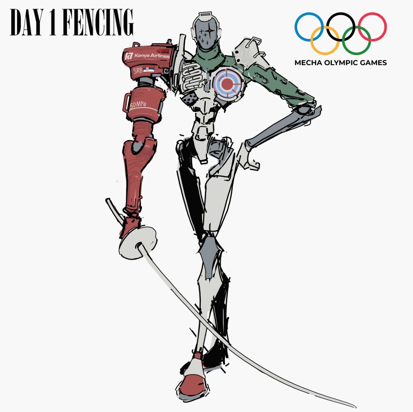 absurdres asymmetrical_arms crossed_legs english_text epee esotericnuclearwar facing_viewer full_body glowing glowing_eye hand_on_own_hip highres holding holding_sword holding_weapon logo mecha mecha_focus narrow_waist no_humans olympic_rings olympics one-eyed original parody robot serbian_flag simple_background sketch solo sparkle sponsor standing sword weapon white_background
