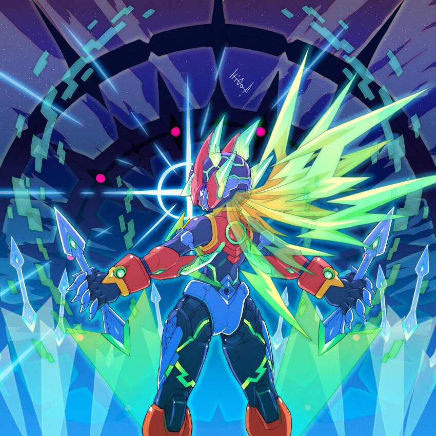 1boy absurdres alternate_costume alternate_design android dual_wielding energy_blade energy_sword from_behind green_hair helmet hi-go! highres holding holding_weapon long_hair looking_at_viewer looking_back male_focus mega_man_(series) mega_man_zero_(series) signature solo standing sword translucent_hair unlimited_blade_works_(reality_marble) weapon z_saber zero(z)_(mega_man) zero_(mega_man)