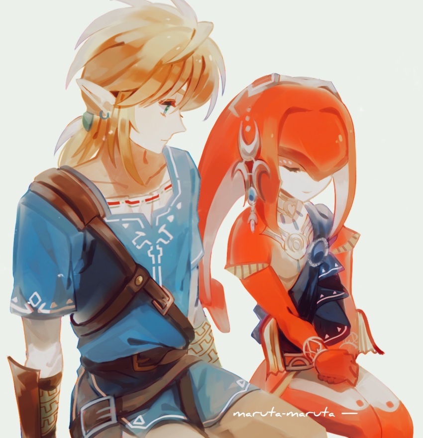 1boy 1girl blonde_hair blue_eyes blue_tunic closed_eyes colored_skin cowboy_shot earrings fins fish_girl hair_between_eyes hands_on_lap head_fins highres jewelry looking_at_another low_ponytail maruta_maruta medium_hair mipha monster_girl multicolored_skin nintendo pointy_ears ponytail red_skin shirt sidelocks smile the_legend_of_zelda the_legend_of_zelda:_breath_of_the_wild tunic twitter_username two-tone_skin white_shirt white_skin zora