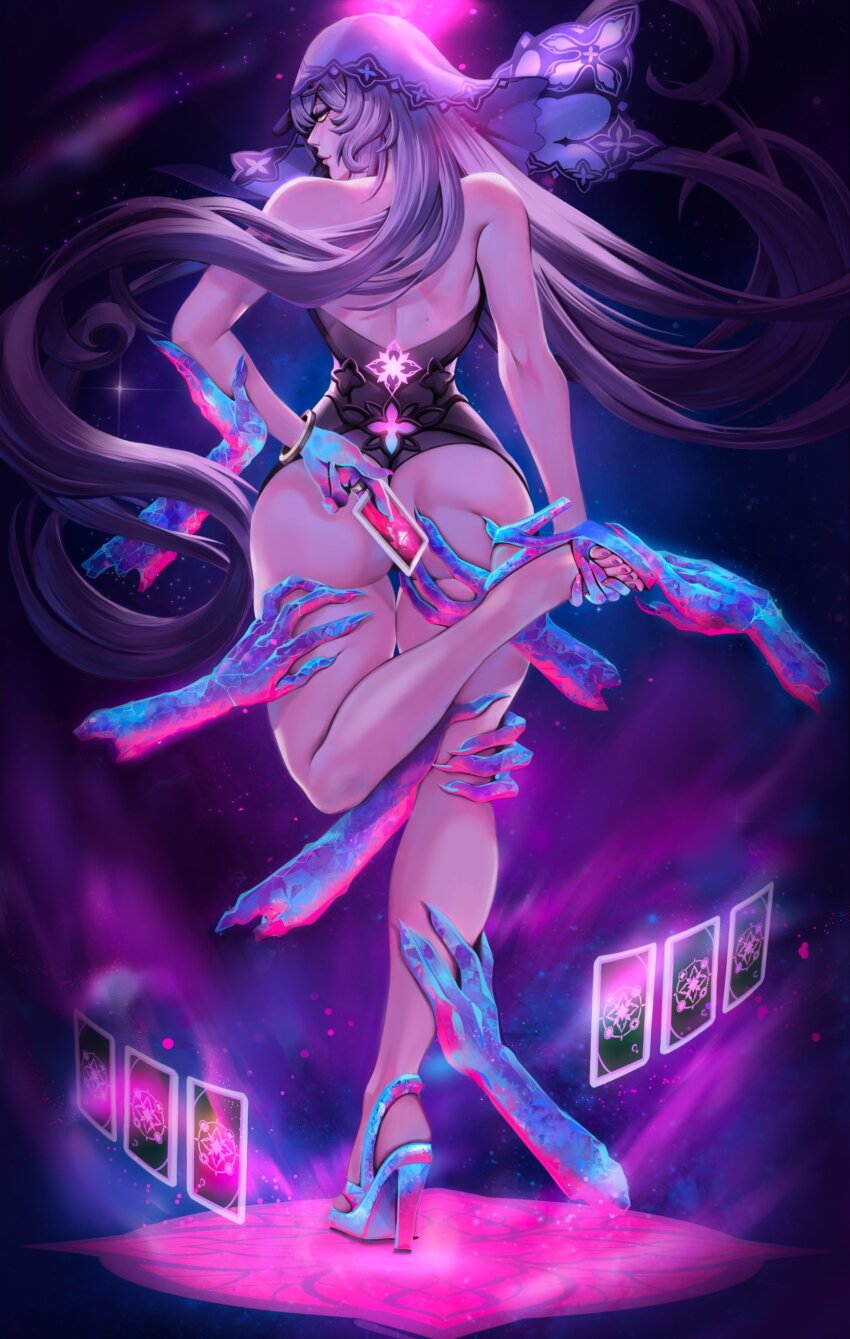 1girl absurdres ass backless_outfit bare_arms bare_back bare_legs bare_shoulders black_swan_(honkai:_star_rail) blue_footwear bracelet card commentary from_behind grabbing_another&#039;s_ass groping high_heels highres honkai:_star_rail honkai_(series) jewelry lunart purple_hair solo standing standing_on_one_leg thighs veil