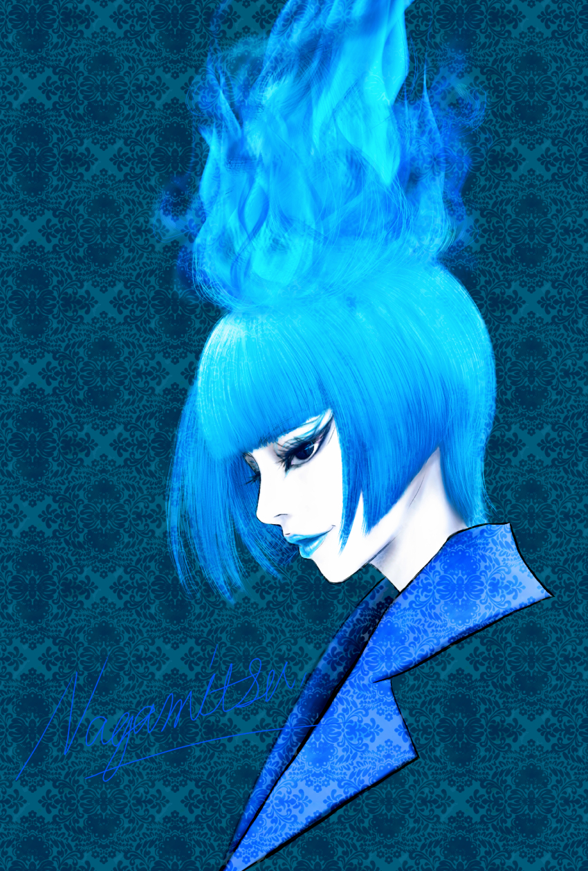 1girl ancient_greek_clothes animification blue_fire blue_hair blue_lips closed_mouth disney disneyland fiery_hair fire formal_clothes from_side greco-roman_clothes hades_(disney) hercules_(1997_film) highres himation lipstick long_sleeves makeup mame4ba ms._hades short_hair simple_background solo suit