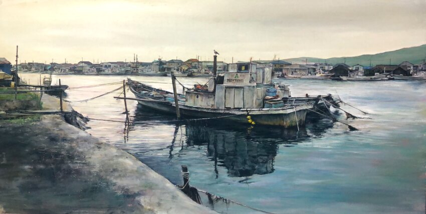 boat building buoy day dock highres house latex_cult no_humans original painting_(medium) reflection reflective_water scenery shore traditional_media water watercraft