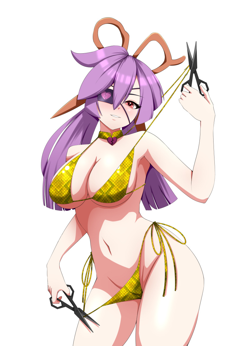 1girl absurdres alternate_costume bikini blush breasts broken_heart_print choker commission commissioner_upload cutting_clothes eyepatch hair_between_eyes heart heart-shaped_pupils heart_choker highres kaln0ir large_breasts long_hair mercy_modiste navel purple_hair scissors scissors_hair_ornament smile snake_print solo swimsuit symbol-shaped_pupils vallure virtual_youtuber