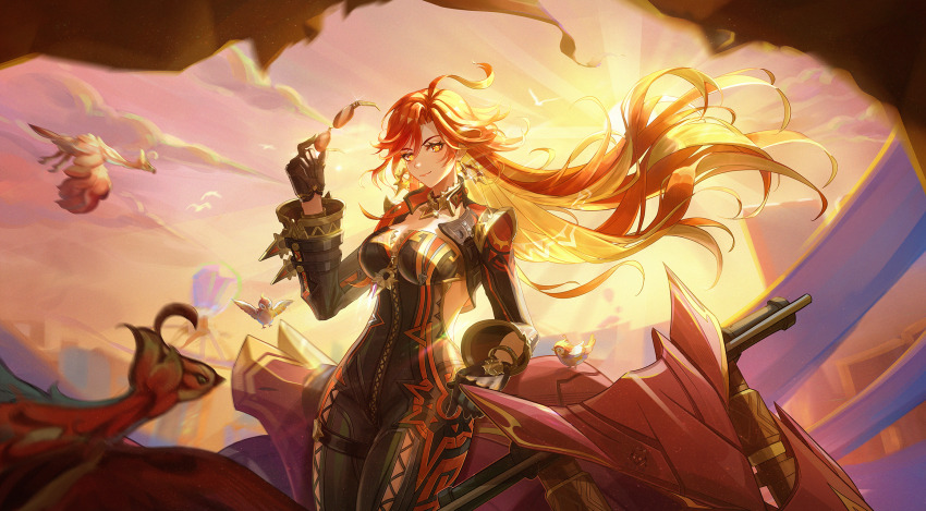 1girl ahoge biker_clothes bikesuit bird black_bodysuit black_gloves blonde_hair bodysuit breasts closed_mouth colored_inner_hair commentary_request cowboy_shot earrings flamestrider_(genshin_impact) floating_hair genshin_impact gloves hair_between_eyes hand_up highres holding holding_removed_eyewear jewelry large_breasts long_hair long_sleeves looking_at_viewer manyu_chapaofan mavuika_(genshin_impact) motor_vehicle motorcycle multicolored_hair orange_eyes orange_hair orange_pupils outdoors partially_unzipped qucusaurus_(genshin_impact) smile solo sun sun_earrings sunglasses sunlight sunrise unworn_eyewear very_long_hair