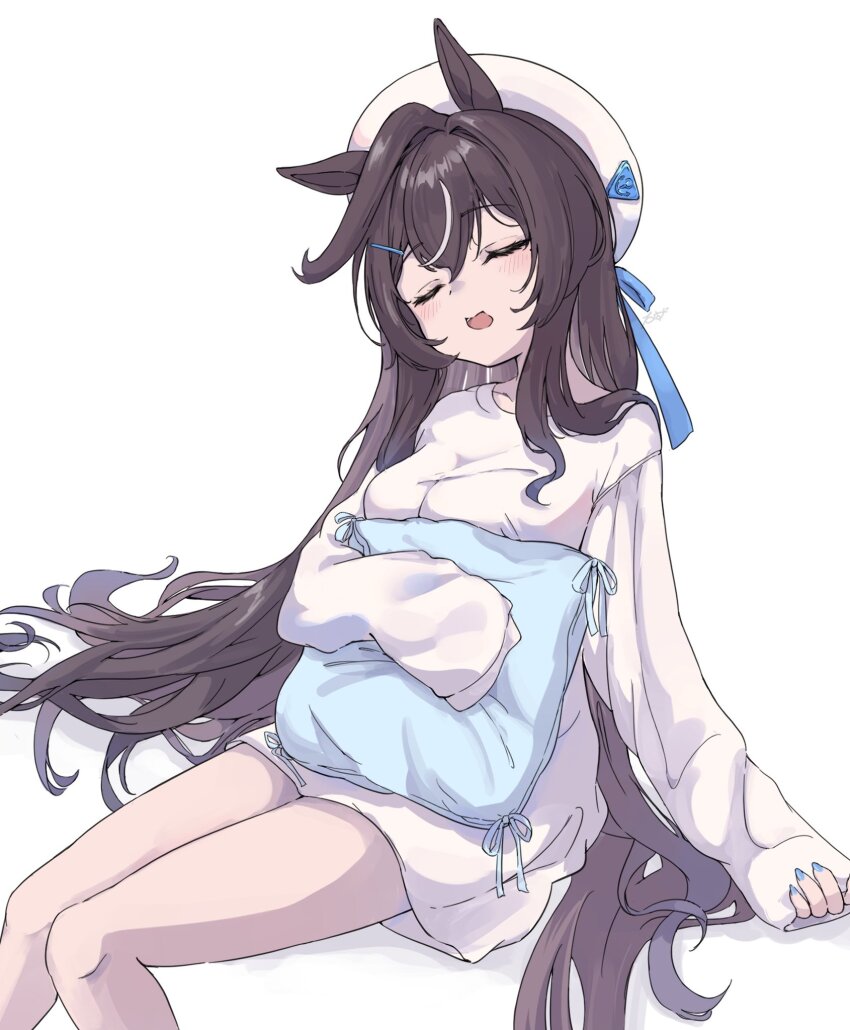 1girl animal_ears blue_nails blue_pillow blue_ribbon breasts brown_hair cleavage closed_eyes double-parted_bangs hair_ornament hairclip hat hat_ribbon highres horse_ears horse_girl long_hair long_shirt long_sleeves medium_breasts multicolored_hair nazmocha no_pants open_mouth ribbon shirt simple_background sitting sleeping sleeves_past_fingers sleeves_past_wrists solo streaked_hair umamusume very_long_hair vivlos_(umamusume) white_background white_hat white_shirt