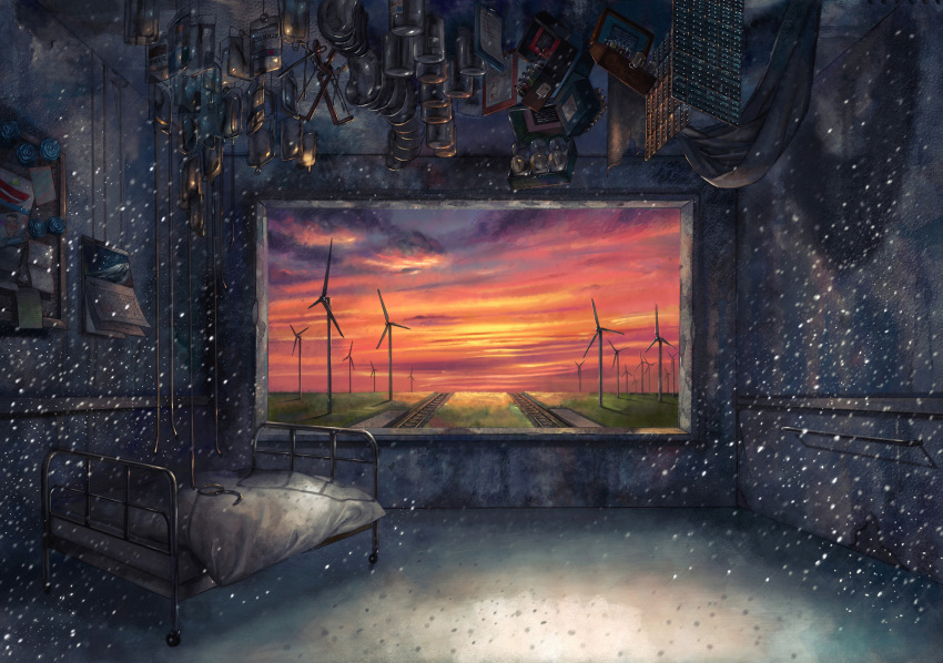 bad_id bad_pixiv_id bed blue_flower blue_rose bottle box bulletin_board calendar calendar_(object) clipboard cloud drawing_(object) flask flower hacksaw highres horizon hospital_bed intravenous_drip no_humans osamuko railroad_tracks rose saw scenery sky snow snowing sunset surreal twilight vacuum_tube vial water_bottle wind_turbine windmill window