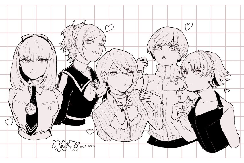 5girls arms_behind_back blunt_bangs bow bowtie braid cardigan checkered_background choker closed_mouth collared_shirt commentary_request cropped_torso crown_braid gekkoukan_high_school_uniform hair_ribbon heart hiesashimi highres in-franchise_crossover jacket jewelry lisa_silverman long_sleeves looking_at_viewer loose_bowtie medium_hair monochrome multiple_girls necklace necktie niijima_makoto one_eye_closed open_mouth parted_lips persona persona_1 persona_2 persona_3 persona_4 persona_5 ribbed_cardigan ribbon satonaka_chie school_uniform seven_sisters_high_school_uniform shirt short_hair shuujin_academy_school_uniform smile sonomura_maki st._hermelin_school_uniform takeba_yukari track_jacket turtleneck upper_body yasogami_school_uniform zipper