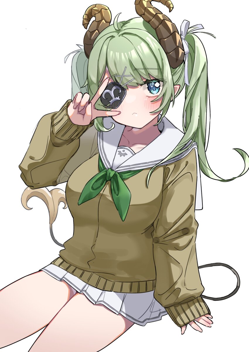1girl :&lt; absurdres ahoge alternate_costume alternate_hairstyle blue_eyes blush bow breasts brown_cardigan brown_horns cardigan closed_mouth commentary_request cowboy_shot curled_horns demon_girl demon_horns demon_tail expressionless eyepatch fingernails green_neckerchief hair_bow highres horns large_breasts long_hair long_sleeves looking_at_viewer miniskirt nanashi_inc. neckerchief pleated_skirt sailor_collar sekishiro_mico shirt simple_background sitting skirt sleeves_past_wrists tail tamotsu_(mary) twintails v v_over_eye virtual_youtuber white_background white_bow white_sailor_collar white_shirt white_skirt
