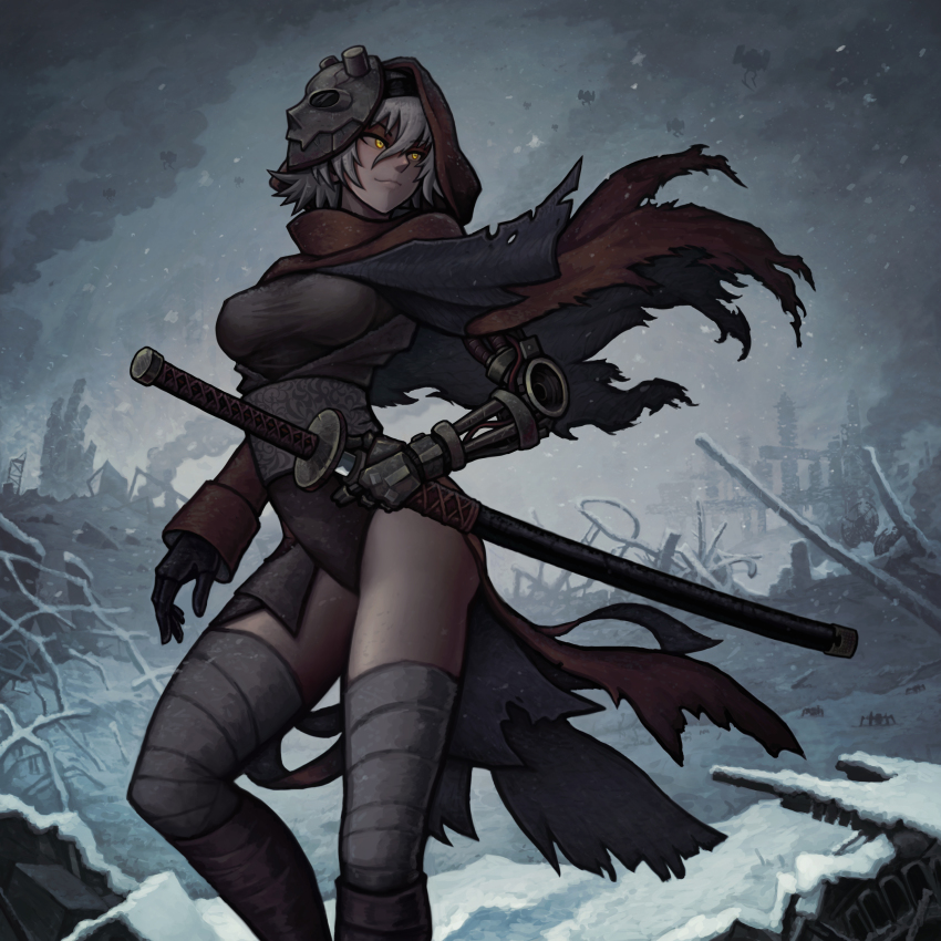 absurdres asymmetrical_sleeves between_thighs cloak gloves glowing glowing_eyes highres hood katana kenshi layered_clothes leg_wrap mask mask_on_head mechanical_arms non-humanoid_robot rags robot robot_animal ruins scabbard sheath short_hair single_glove single_mechanical_arm single_thighhigh smoke snow snowing soulless_sketch sword thighhighs thighs torn_cloak torn_clothes unsheathing unworn_mask weapon white_hair wind wind_lift wreckage yellow_eyes