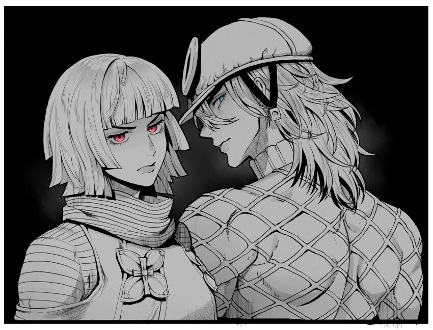 1boy 1girl argyle_clothes argyle_sweater black_background blue_eyes blunt_bangs border capelet closed_mouth clothing_cutout cross_ornament diego_brando flower_ornament from_behind greyscale helmet highres hot_pants_(sbr) jojo_no_kimyou_na_bouken kmy_muda looking_at_viewer looking_back medium_hair monochrome pink_eyes scarf shirt short_hair shoulder_cutout spot_color steel_ball_run sweater turtleneck turtleneck_sweater upper_body white_border