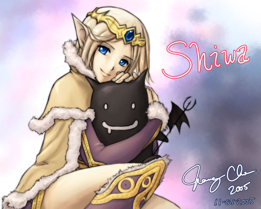 1girl 2000s_(style) artist_name blue_eyes blue_gemstone boots brown_cape cape character_name closed_mouth commentary completion_time creature dated demon deviruchi diadem dress earrings english_commentary feet_out_of_frame fur-trimmed_boots fur-trimmed_cape fur_trim gem gold_trim grey_background hug jewelry looking_at_viewer nancy_teeple photoshop_(medium) pink_background pitchfork pointy_ears purple_boots purple_dress ragnarok_online signature smile solo stud_earrings wizard_(ragnarok_online)