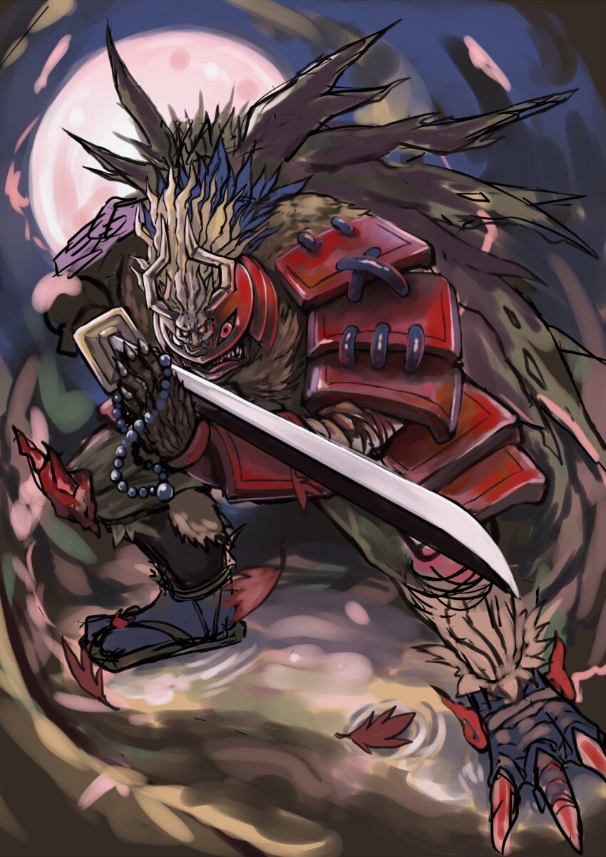 1boy claws digimon digimon_(creature) highres katana male_focus musyamon samurai solo sword weapon